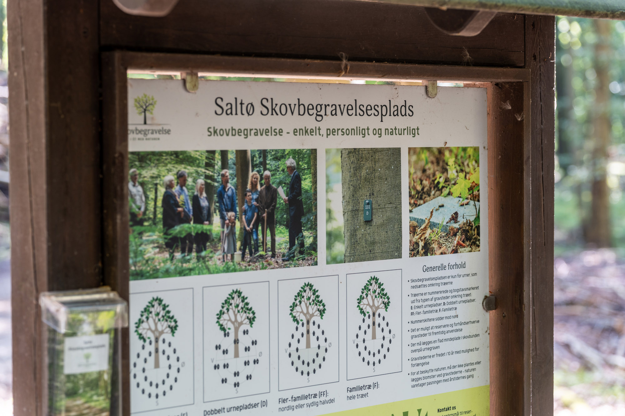 Skilt For Saltø Skovbegravelsesplads Med Info Om Generelle Forhold, Urnenedsættelser Og Valg Af Træ
